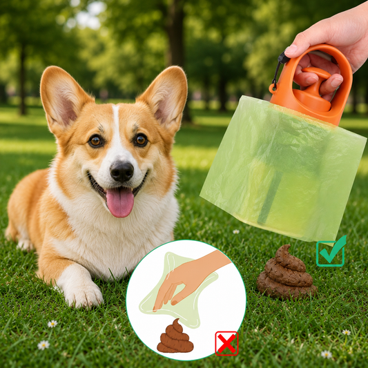 Recogedor de desechos para mascotas con dispensador de bolsas integrado.