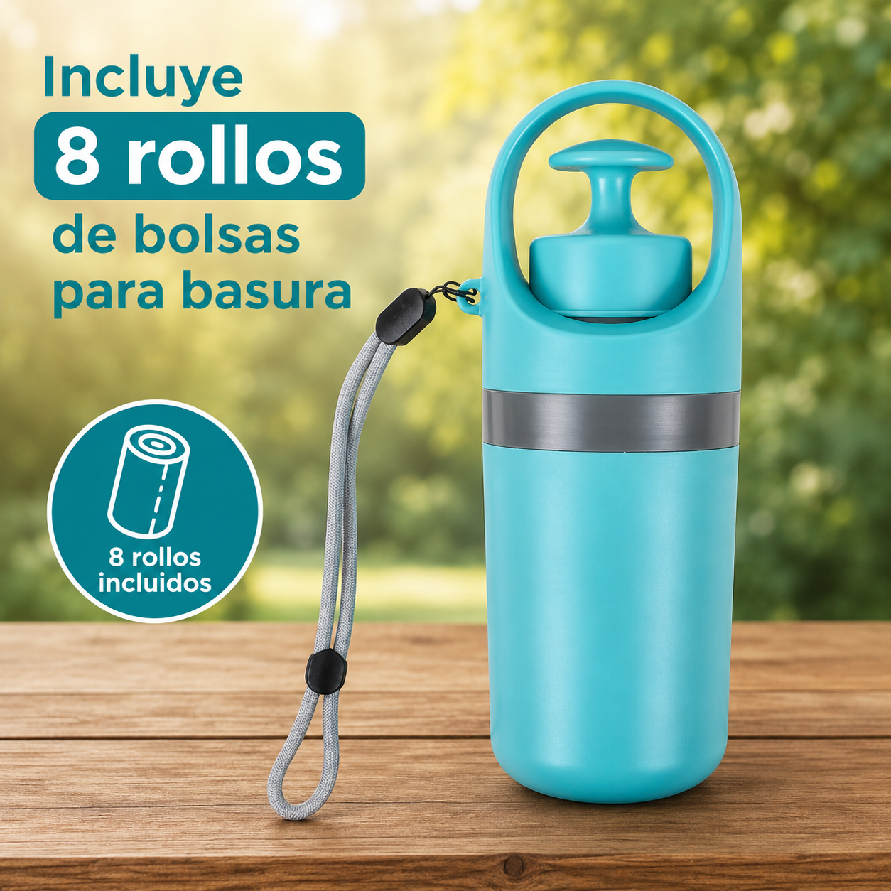 Recogedor de desechos para mascotas con dispensador de bolsas integrado.