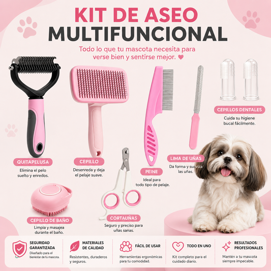 Set de aseo para mascotas, 8 piezas, 2 colores.