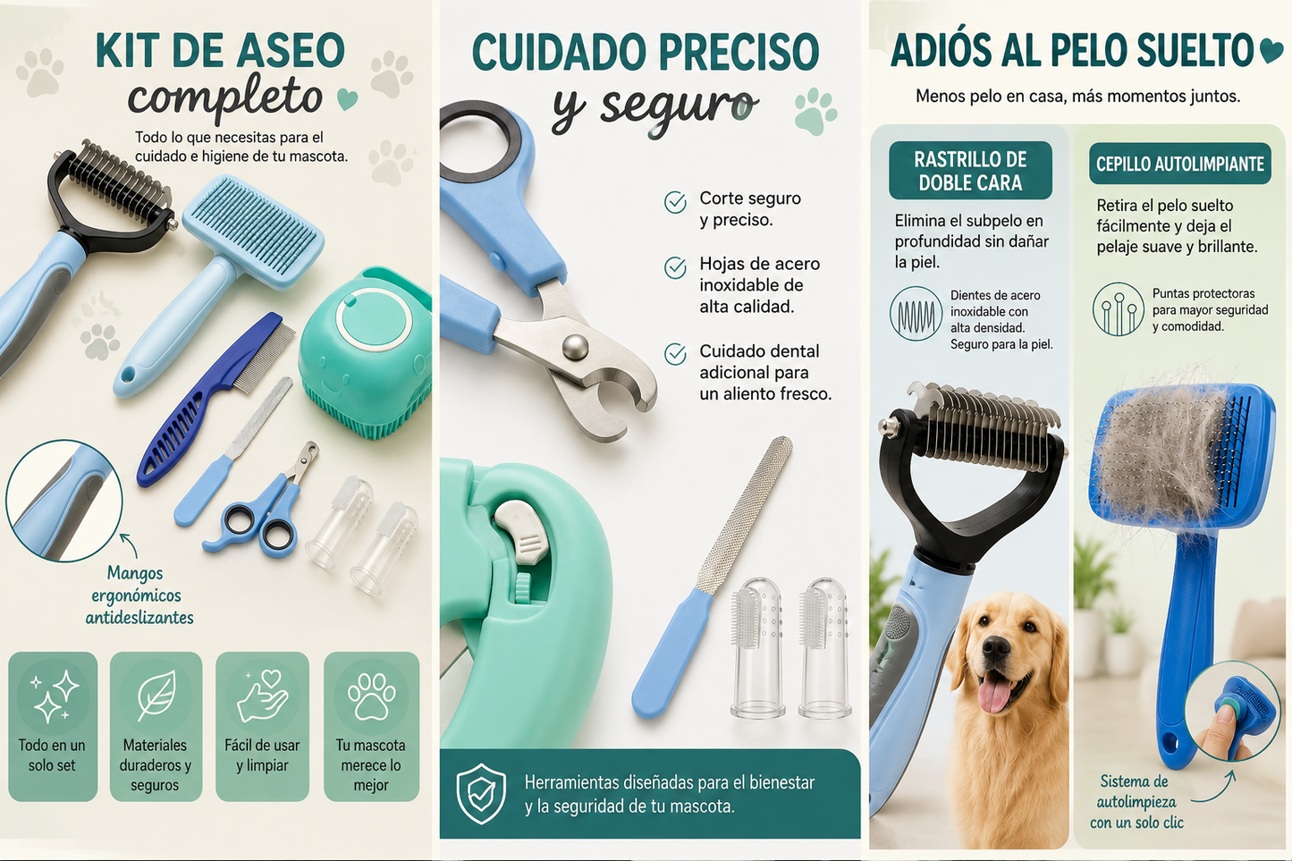 Set de aseo para mascotas, 8 piezas, 2 colores.