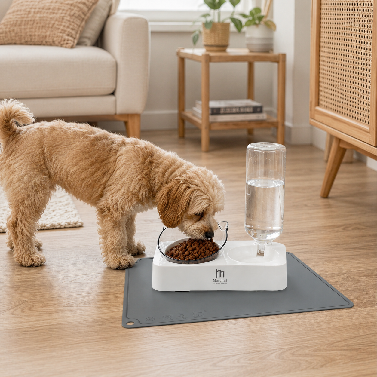 Comedero elevado con dispensador automático de agua.