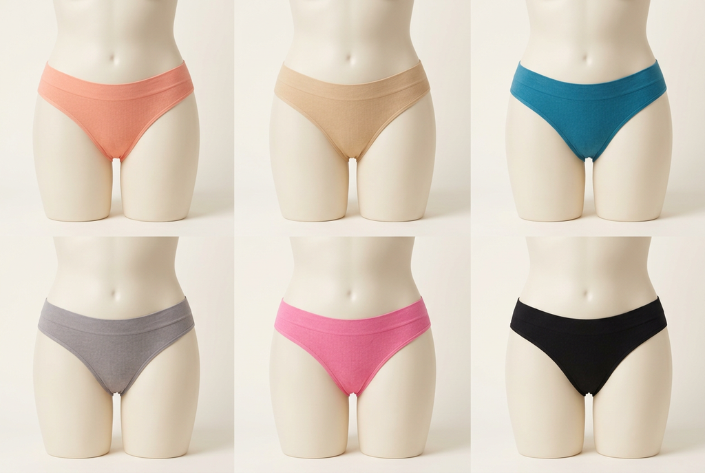 Seis maniquíes de talla grande con las prendas en cada color