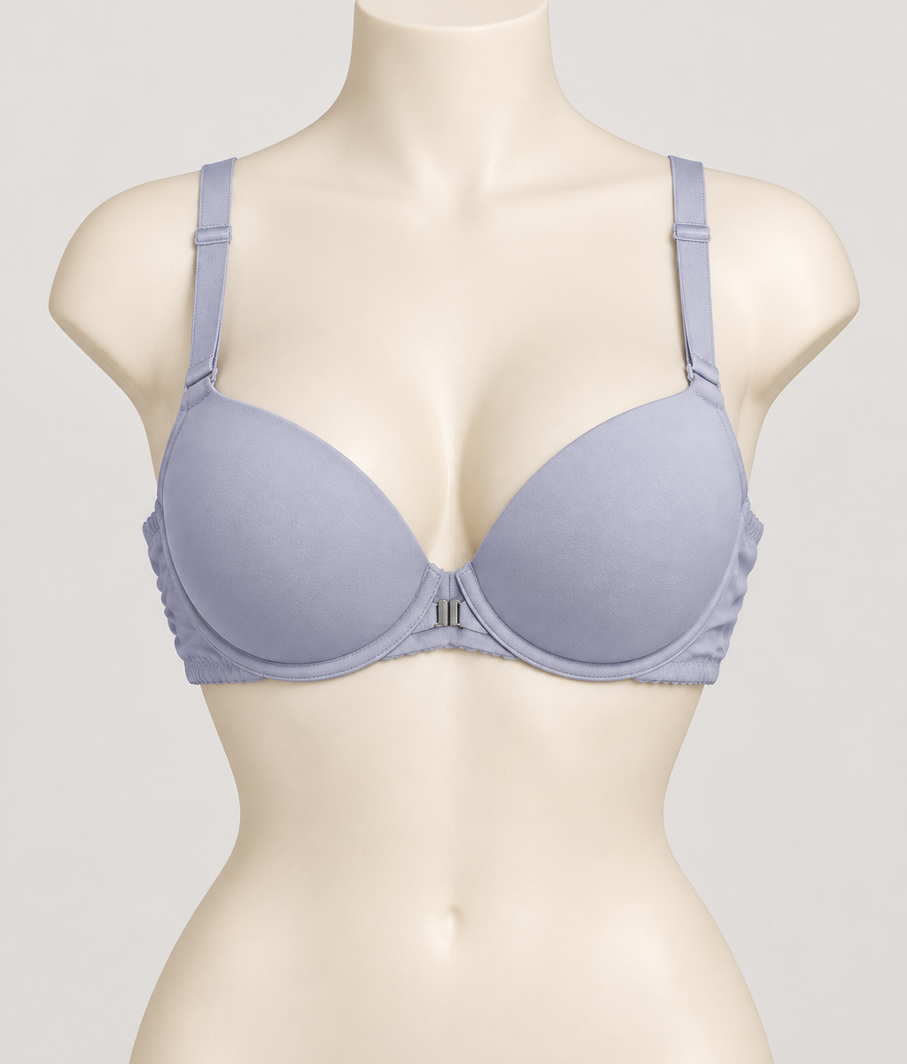 Sostén gris lavanda con broche delantero gris